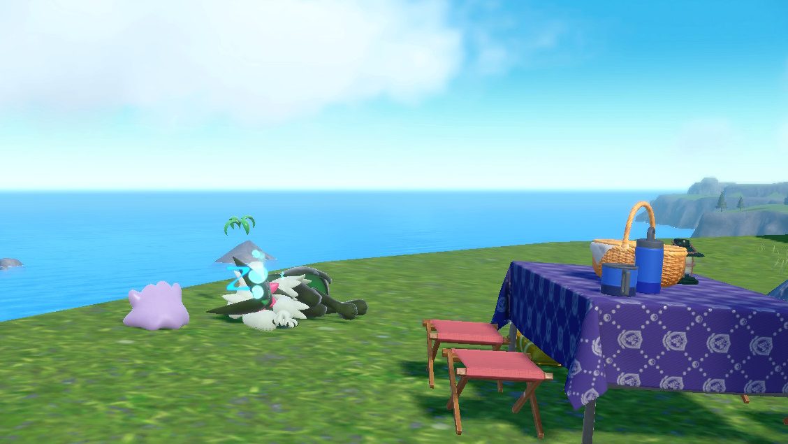 A Meowscarada and a Ditto at a picnic.