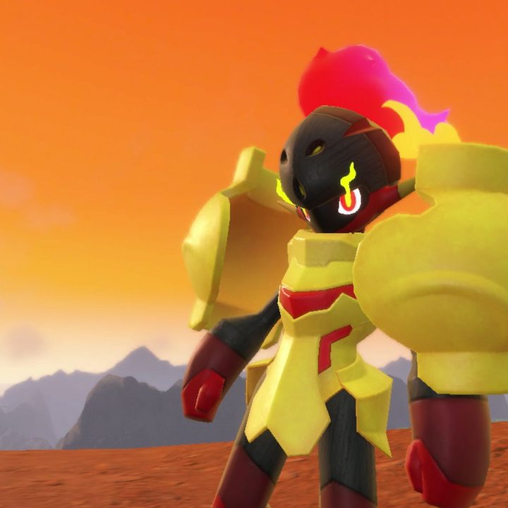 A fire Pokemon stands tall over paldea in Pokemon Scarlet and Violet.
