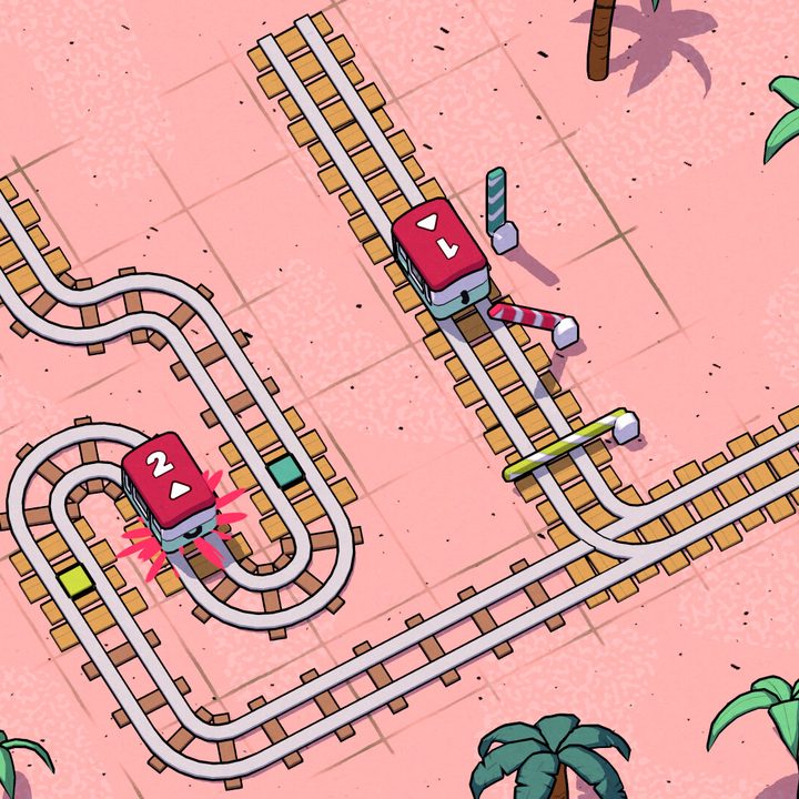 Two train cars ride along a track in Railbound.