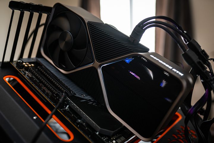 RTX 4080 graphics card installed in a test bench.