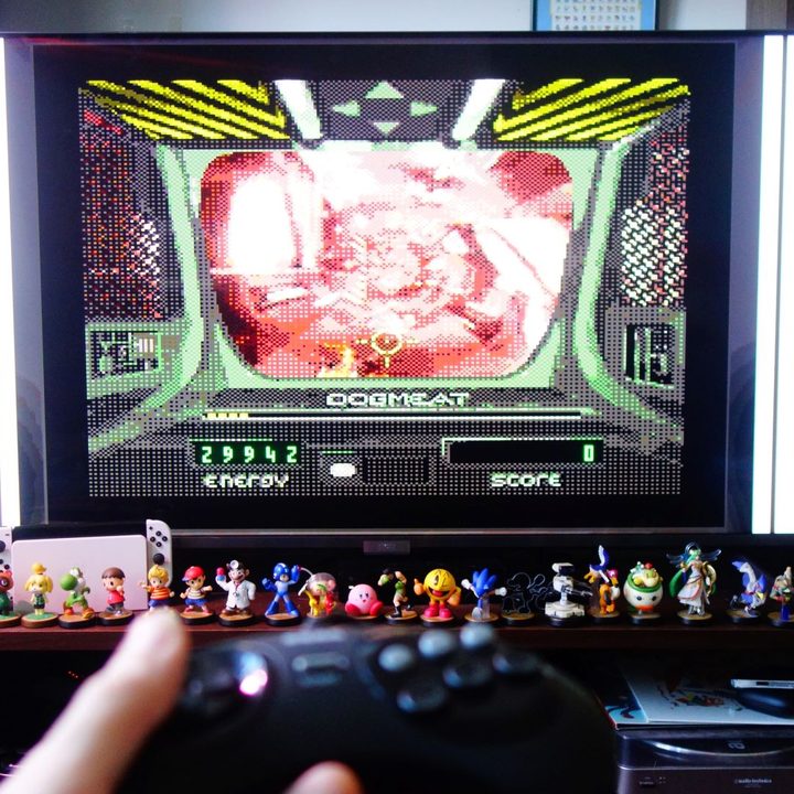 Sewer Shark appears on a TV, playing off of a Sega Genesis Mini 2.