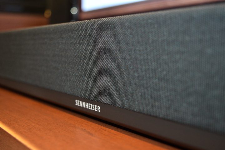 Logo close-up of Sennheiser Ambeo Soundbar Plus.