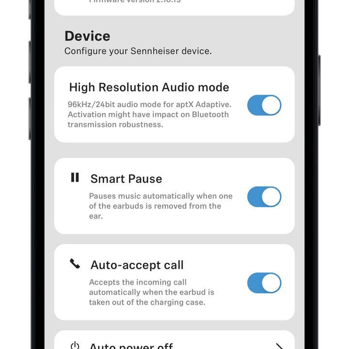 Sennheiser's Smart Control App for iOS showing new multipoint and hi-res audio options.