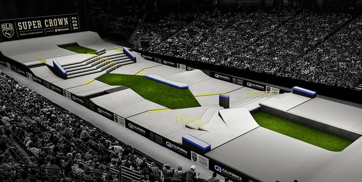 Aerial view of a skateboarding arena.
