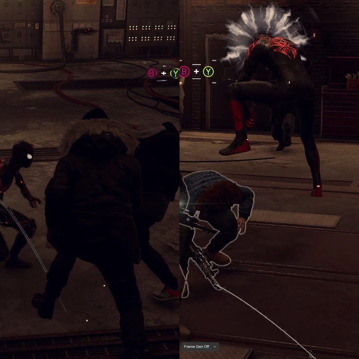 A comparison of smeared HUD elements in Spider-Man Miles Morales.