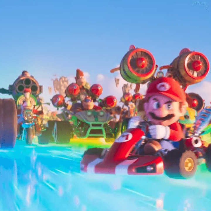 Mario and his friends race down Rainbow Road in The Super Mario Bros. Movie.