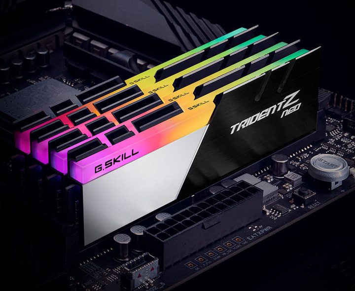 The G.Skill Trident Z Neo memory seated on a motherboard.
