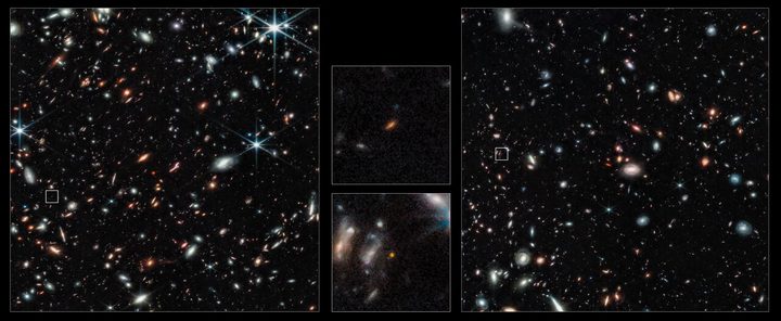 Two of the most distant galaxies seen to date are captured in these Webb pictures of the outer regions of the giant galaxy cluster Abell 2744. The galaxies are not inside the cluster, but many billions of light-years behind it.