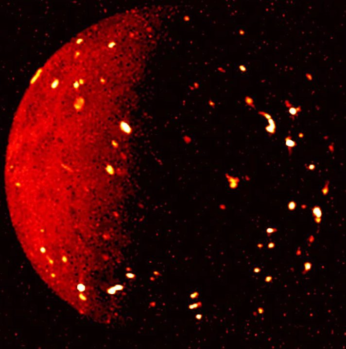 NASA’s Juno mission captured this infrared view of Jupiter’s volcanic moon Io on July 5, 2022, when the spacecraft was about 50,000 miles (80,000 kilometers) away. This infrared image was derived from data collected by the Jovian Infrared Auroral Mapper (JIRAM) instrument aboard Juno. In this image, the brighter the color the higher the temperature recorded by JIRAM.