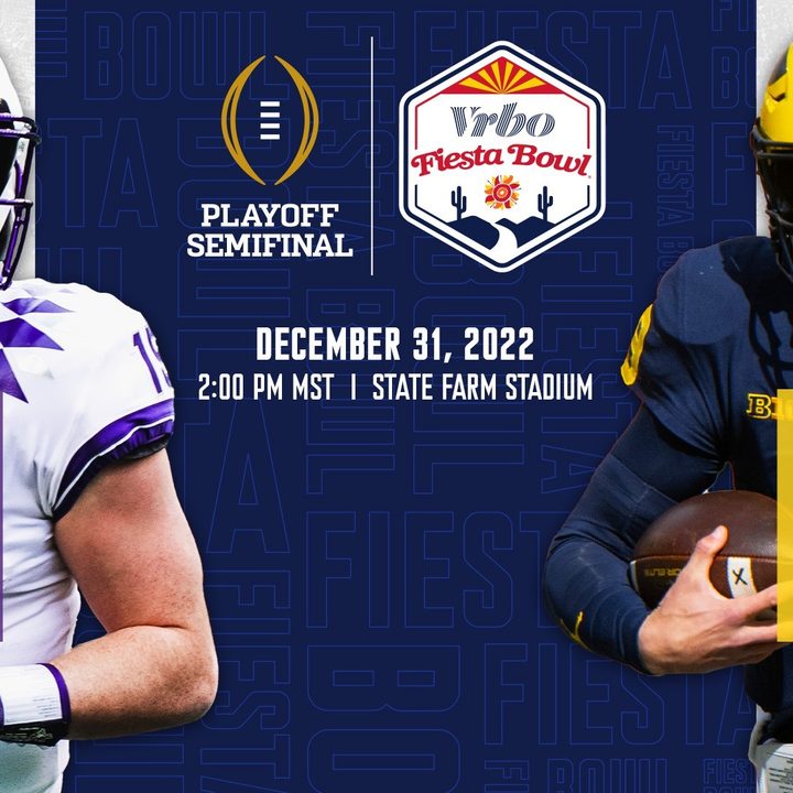 Two players hold footballs on the 2022 Fiesta Bowl poster.