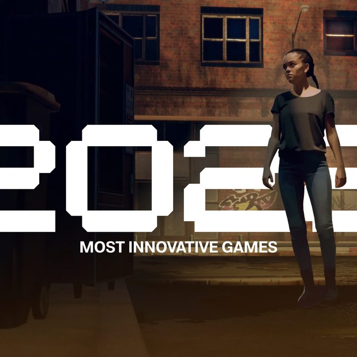 A video game character standing in front of text that says 2022 Most Innovative Games.