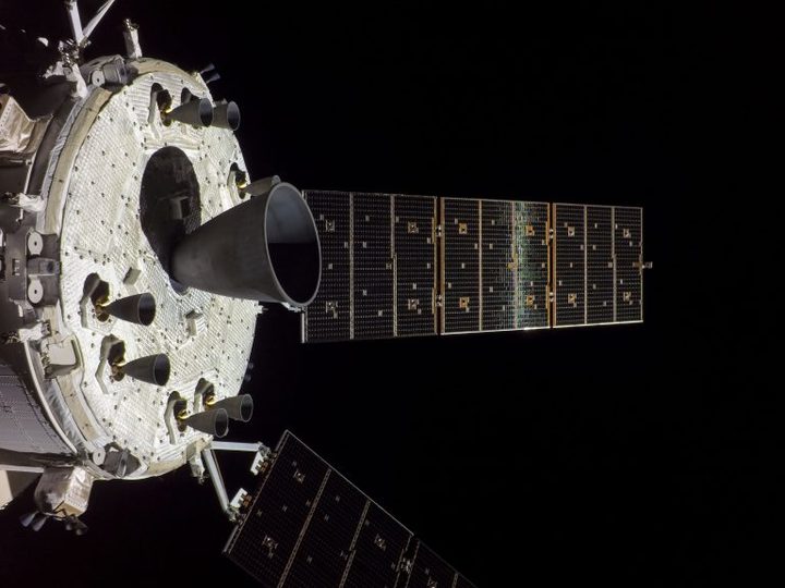 The engines on Orion’s service module are prominently featured in this image from flight day 22 of the Artemis I mission. The largest is the orbital maneuvering system engine, surrounded by eight smaller auxiliary thrusters.