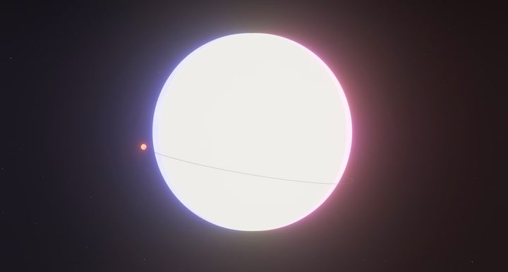 An artist’s impression of the planet Janssen (orange circle), which orbits its star so closely that its entire surface is a lava ocean that reaches temperatures of around 2,000 degrees Celsius.