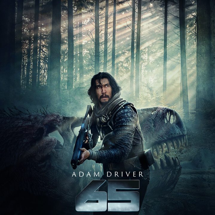 Adam Driver holds a gun in front of a dinosaur in 65.