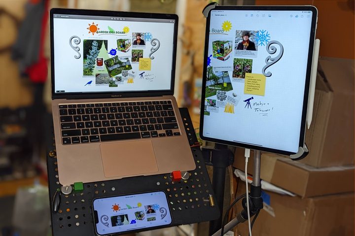 A MacBook Air, iPad Pro 12.9-inch, and iPhone 13 Pro Max with the same Freeform board.