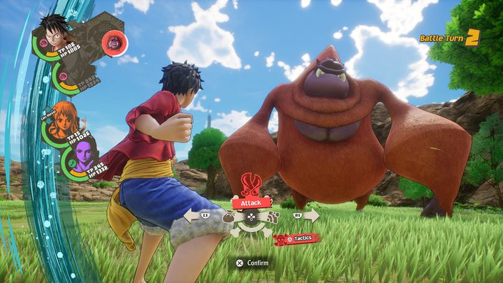 A screenshot of Luffy in battle in One Piece Odyssey.