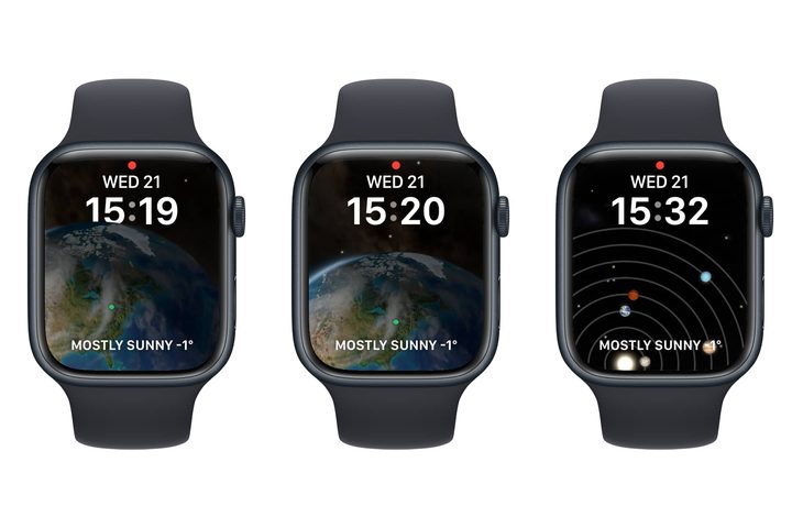 Three Apple Watches showing Astronomy watch faces