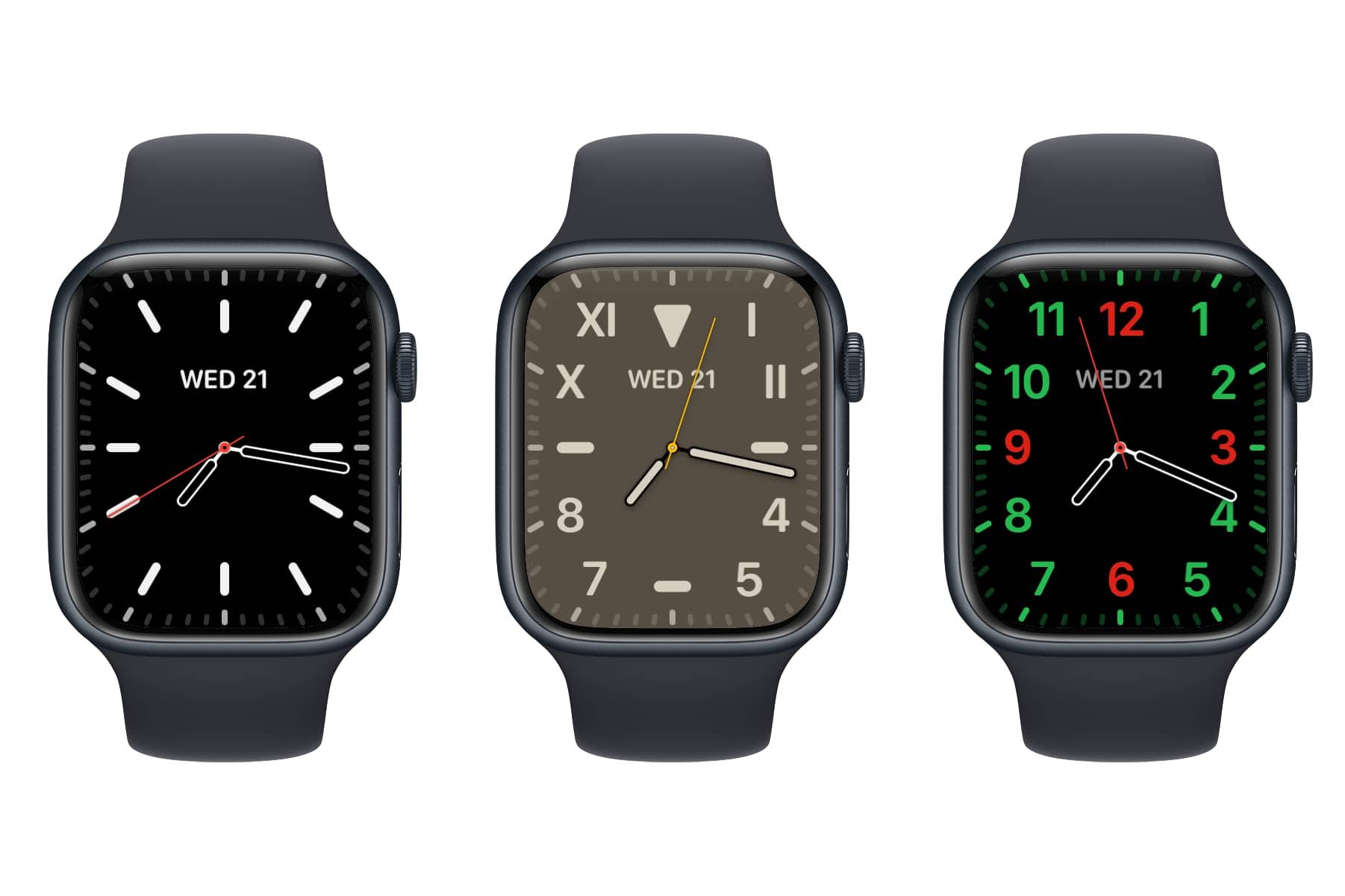 Three Apple Watches showing California watch faces.