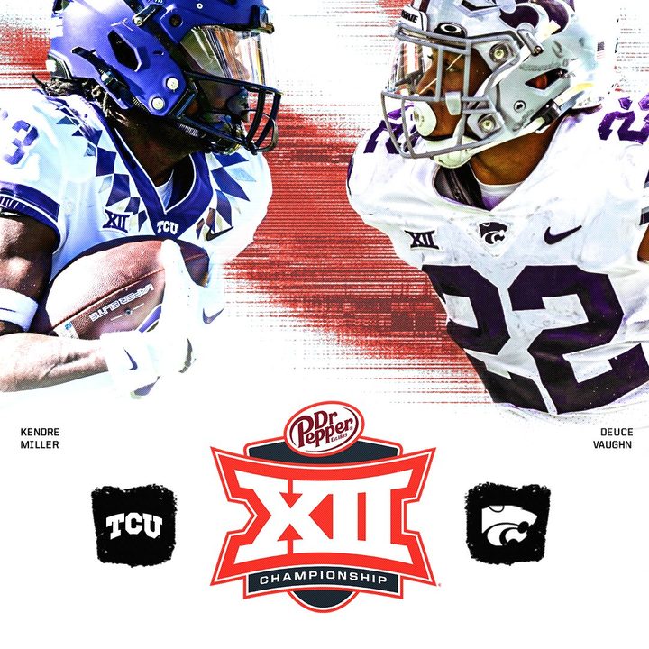 Two football players stare at each other on the poster for the Big 12 championship game.