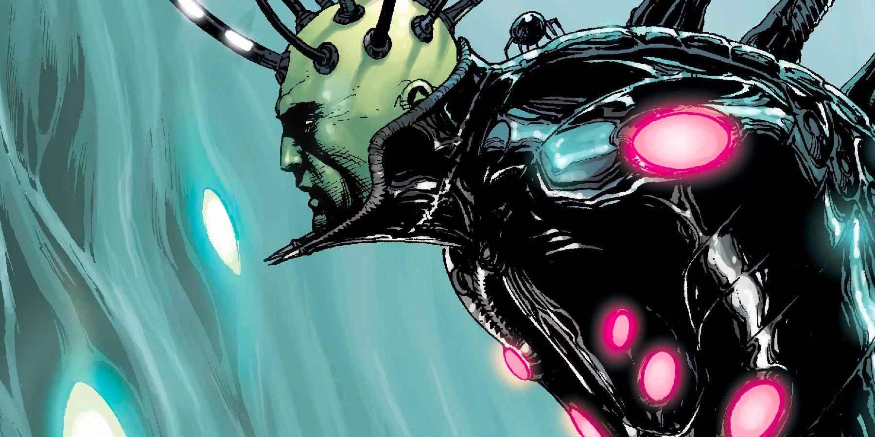 A closeup of the Superman villain Brainiac in DC Comics.