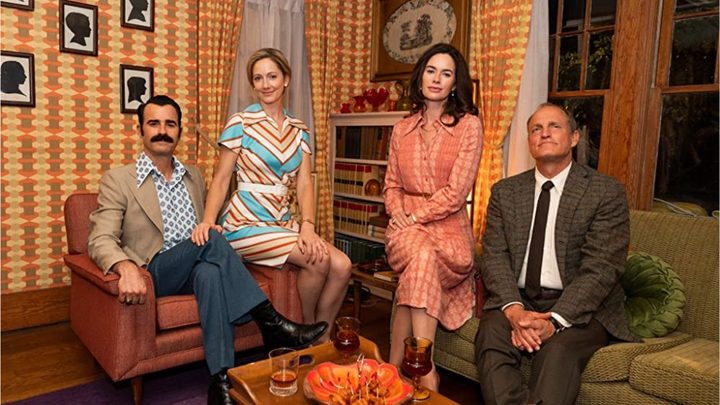Justin Theroux, Judy Greer, Lena Headey, and Woody Harrelson in a promotional photo for HBO's The White House Plumbers.