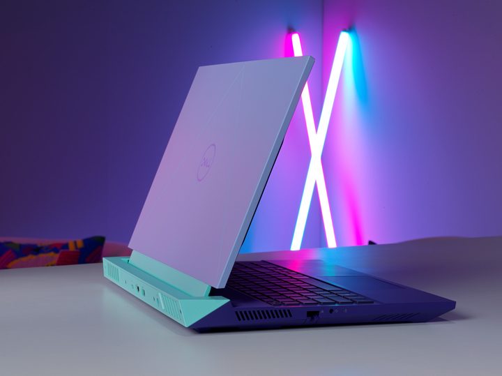 Dell G15 rear 3-quarter view.