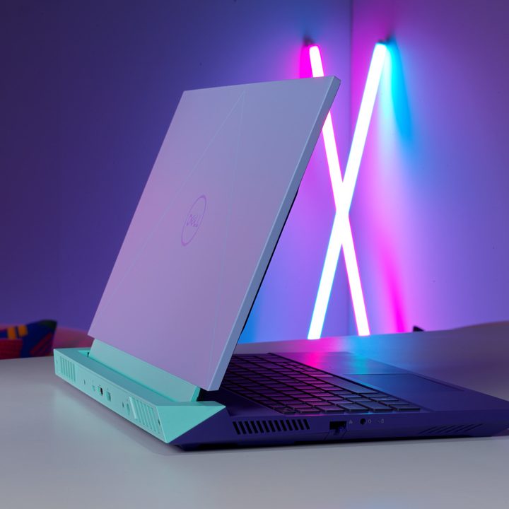 Dell G15 rear 3-quarter view.