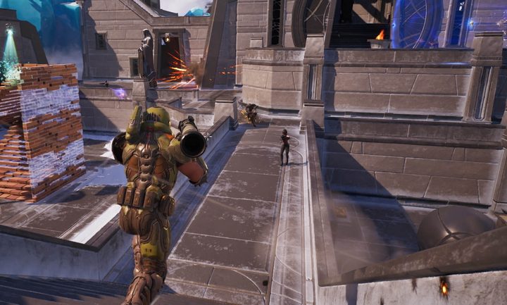 Doom Slayer using a rocket launcher in Fortnite.