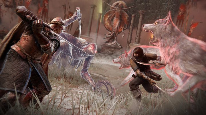 Four players fight in an Elden Ring colosseum.