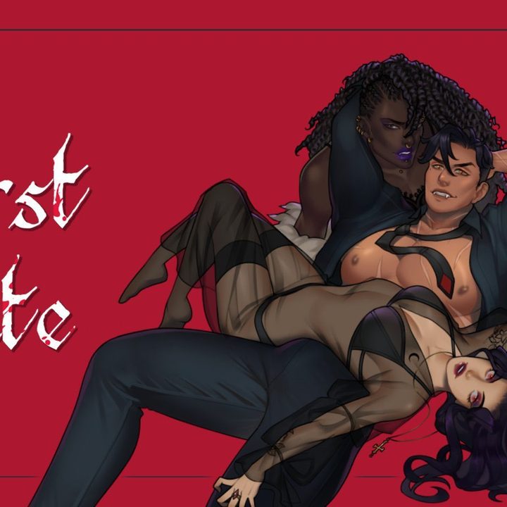 Three characters are sprawled across each others laps, with one wearing lingerie and another in an open button down shirt.