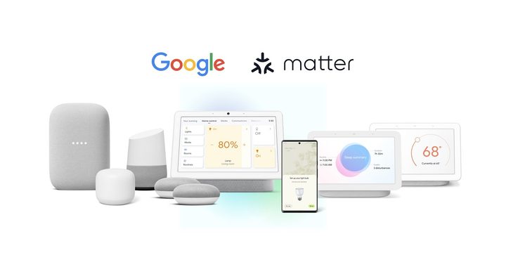 A bunch of Google products that now support Matter, displayed on a white background.