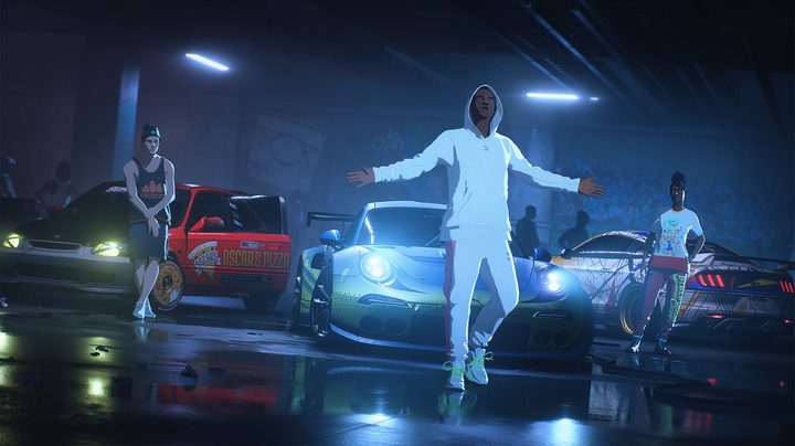 Three racers pose before a race in Need for Speed Unbound.
