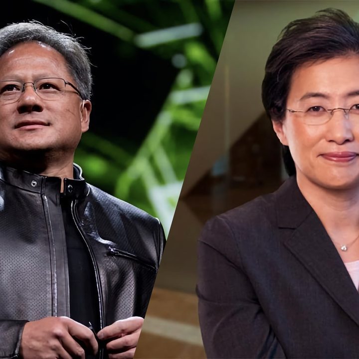 Nvidia and AMD CEOs are shown side by side in a split-screen view.