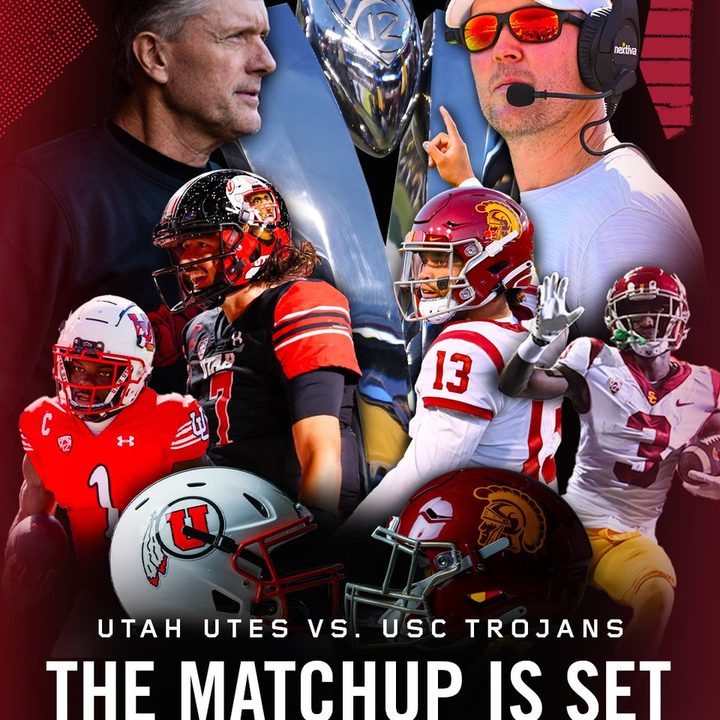 Players and coaches from Utah and USC on the poster for the Pac 12 championship game.