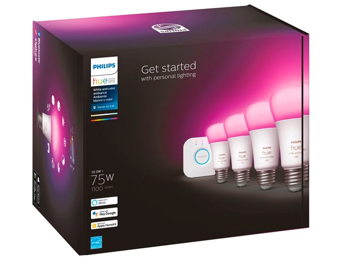 The Philips Hue White and Color Ambiance 75W A19 Starter Kit in the box.
