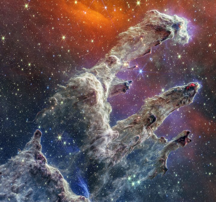 By combining images of the iconic Pillars of Creation from two cameras aboard the NASA/ESA/CSA James Webb Space Telescope, the Universe has been framed in its infrared glory. Webb’s near-infrared image was fused with its mid-infrared image, setting this star-forming region ablaze with new details.