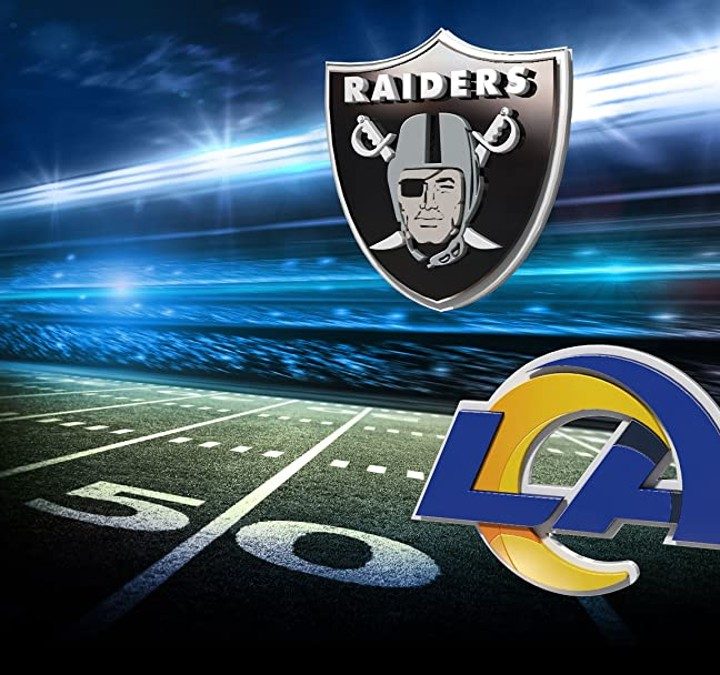 Logos of the Raiders and Rams on Amazon.