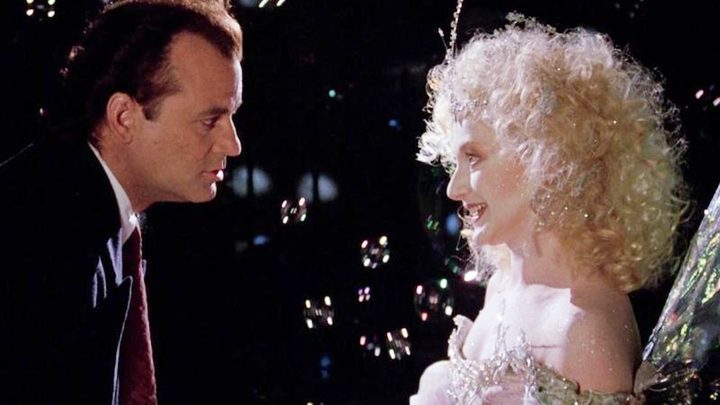 A man confronts a fairy in Scrooged.