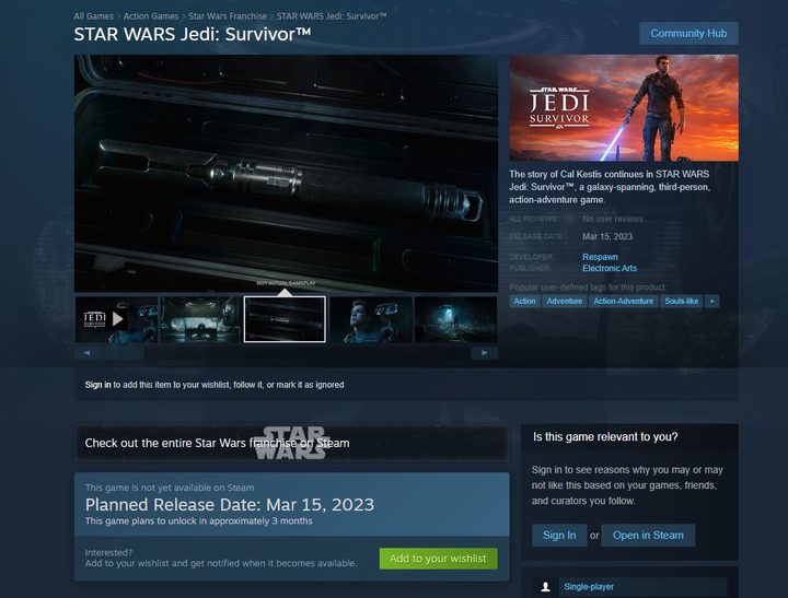 Star Wars Jedi: Survivor's release date posted early on a Steam page.