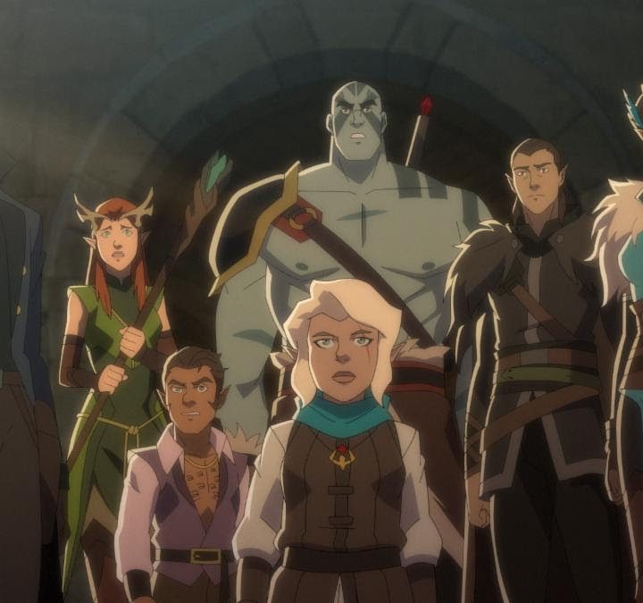 A group of animated characters stand beside one another in a scene from The Legend of Vox Machina.