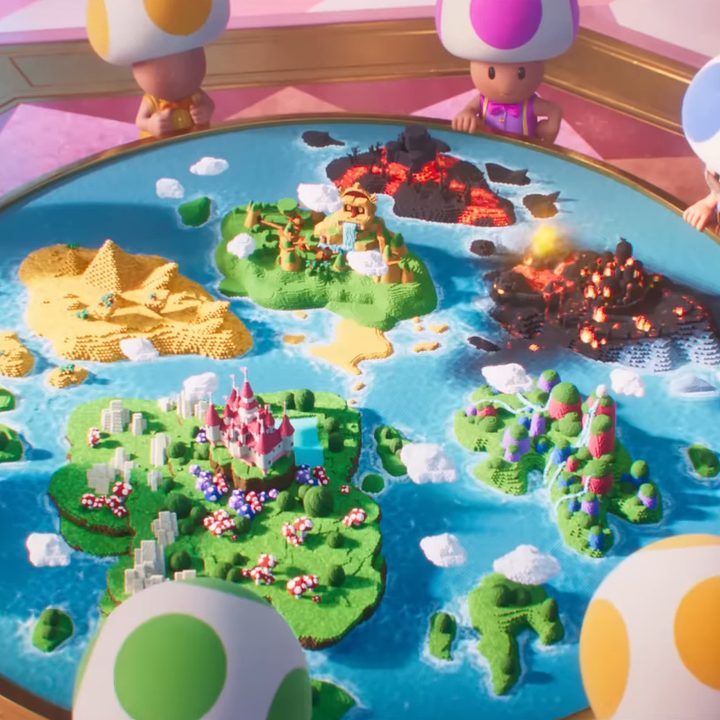 Toads looking at a map in the Super Mario Bros. movie.