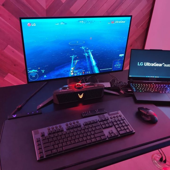 The UltraGear OLED as part of a gaming setup.