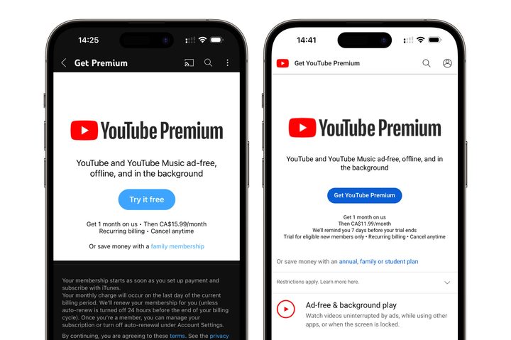 Two iPhones showing comparison of YouTube Premium prices.