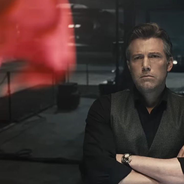 Bruce Wayne staring at a hologram of Superman in Zack Snyder's Justice League.