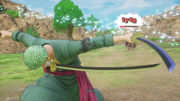 Zoro finishing an Onigiri strike in One Piece Odyssey.