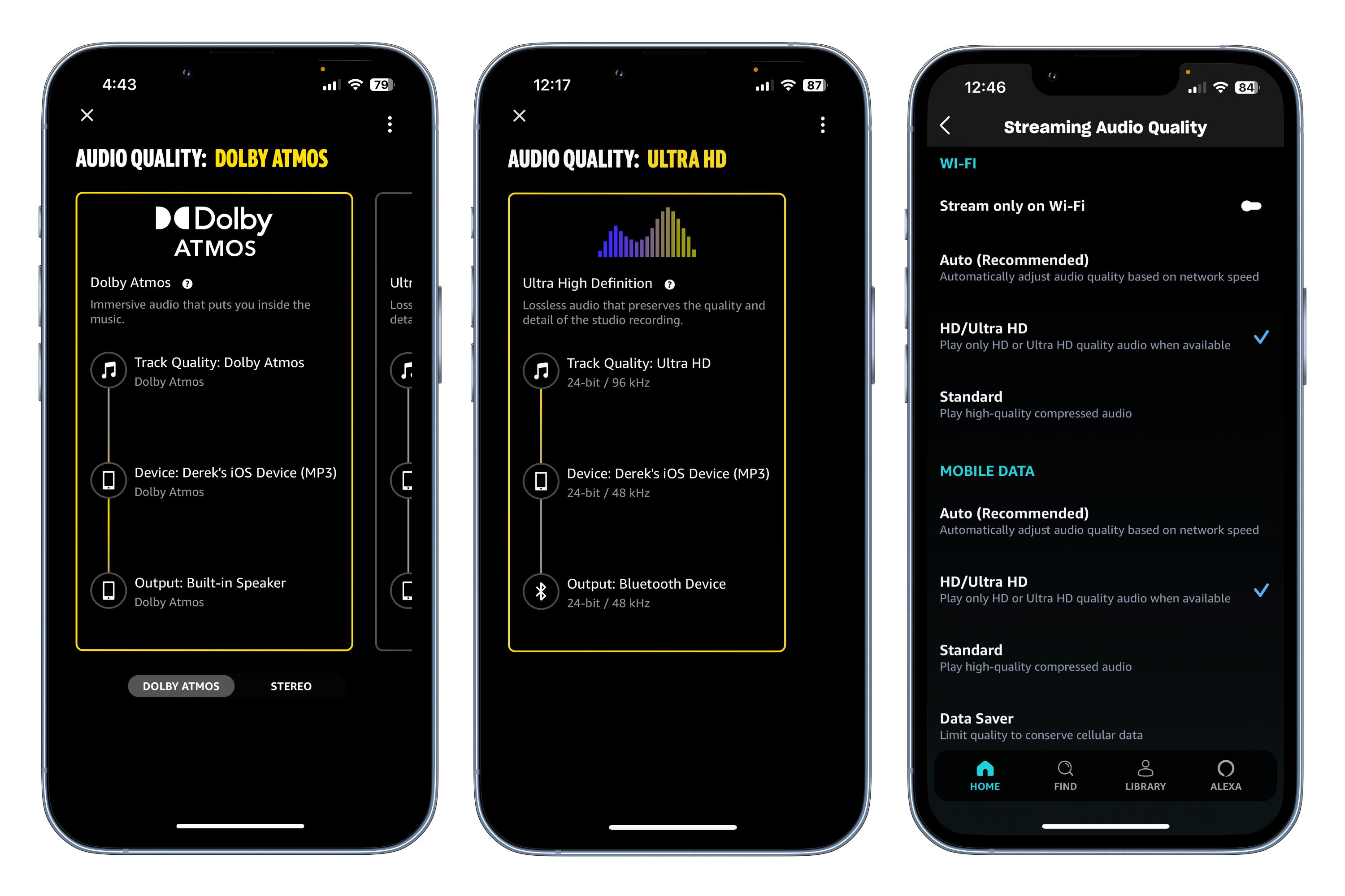 Amazon Music Unlimited showing two menus for Ultra HD streaming features.