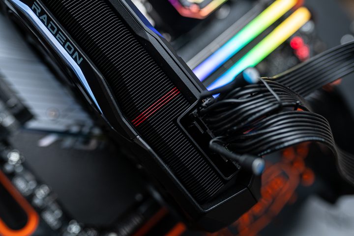 The red strip on AMD's RX 7900 XTX graphics card.