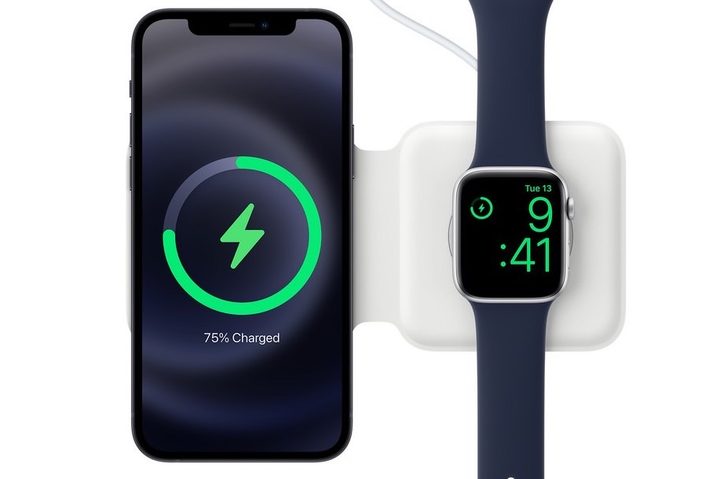 Apple MagSafe Duo wireless charger with iPhone and Apple Watch.