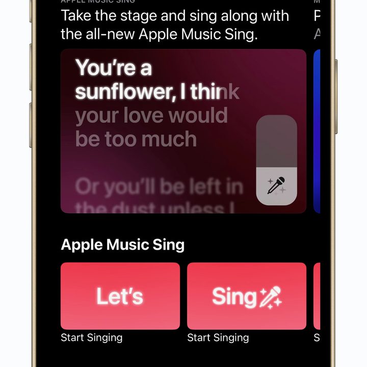 The Browse section of Apple Music showing Sing-compatible songs.