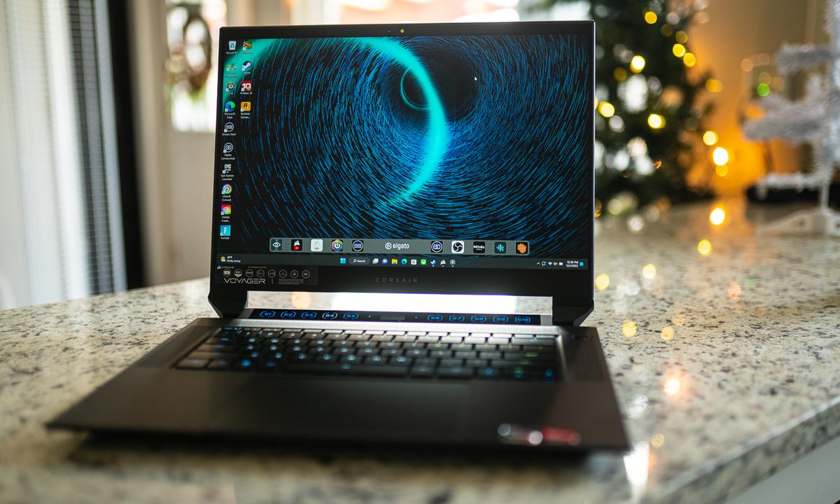 Corsair Voyager a1600 laptop sitting on a countertop.